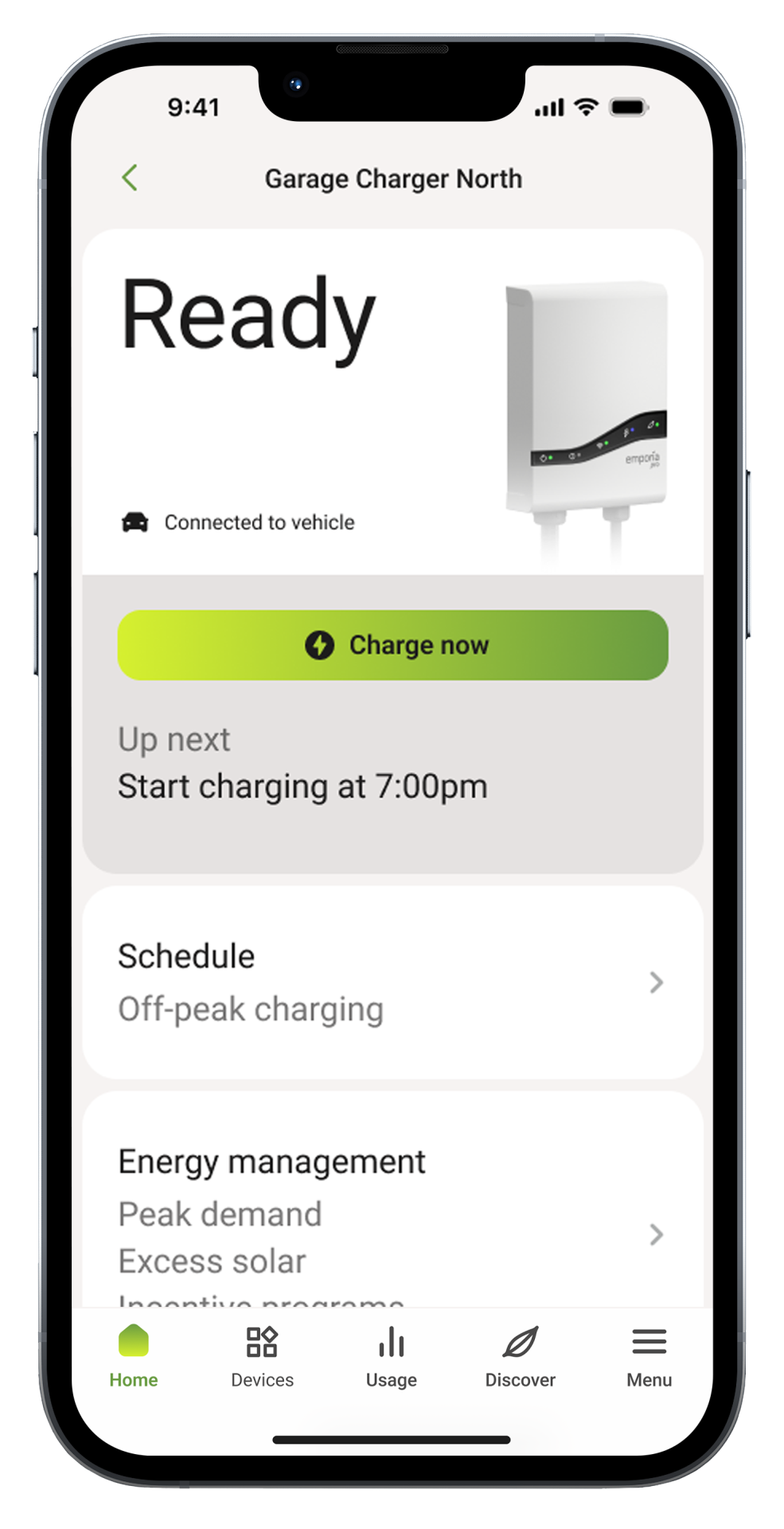 Emporia app screen showing connected device status