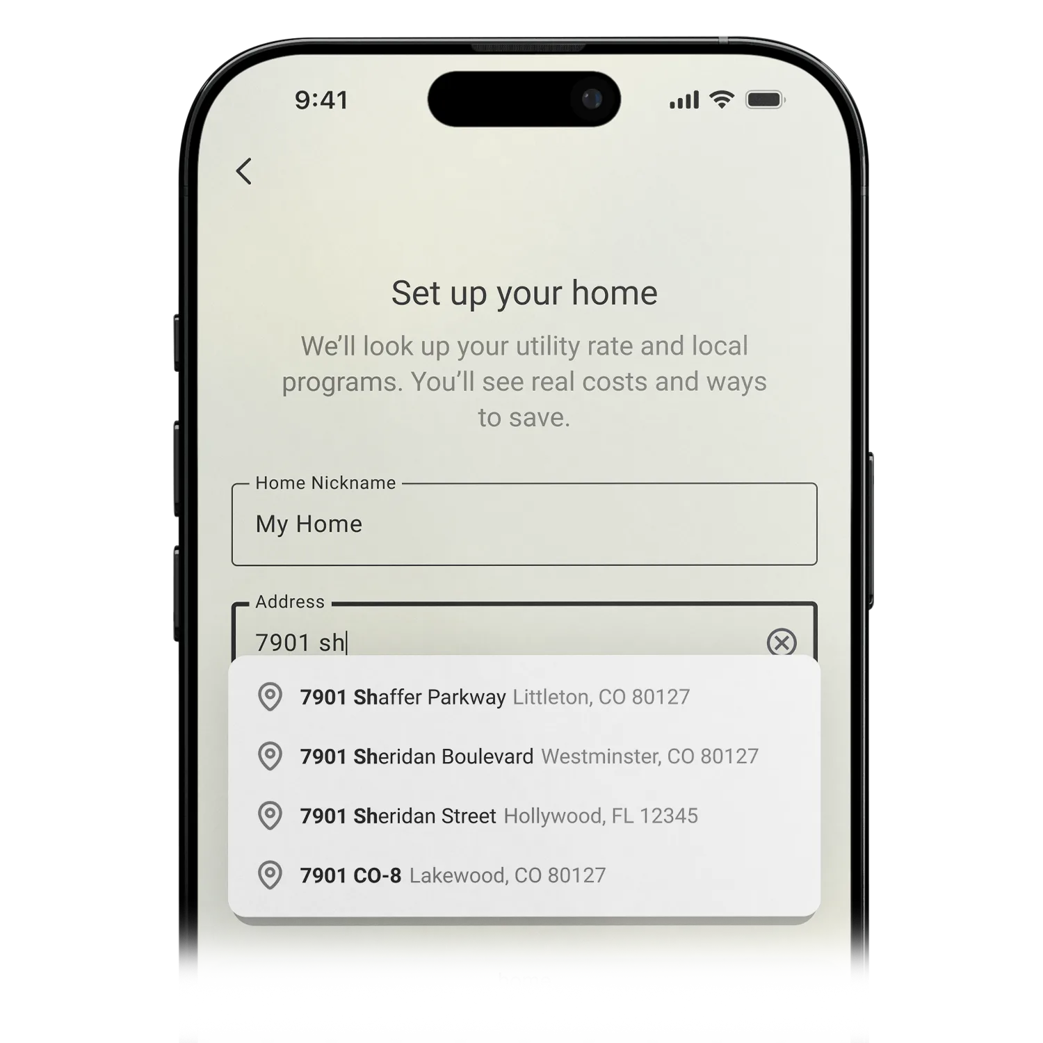 The Set up your home screen in the Emporia app, with a Home nickname field and an address field suggesting matching service addresses