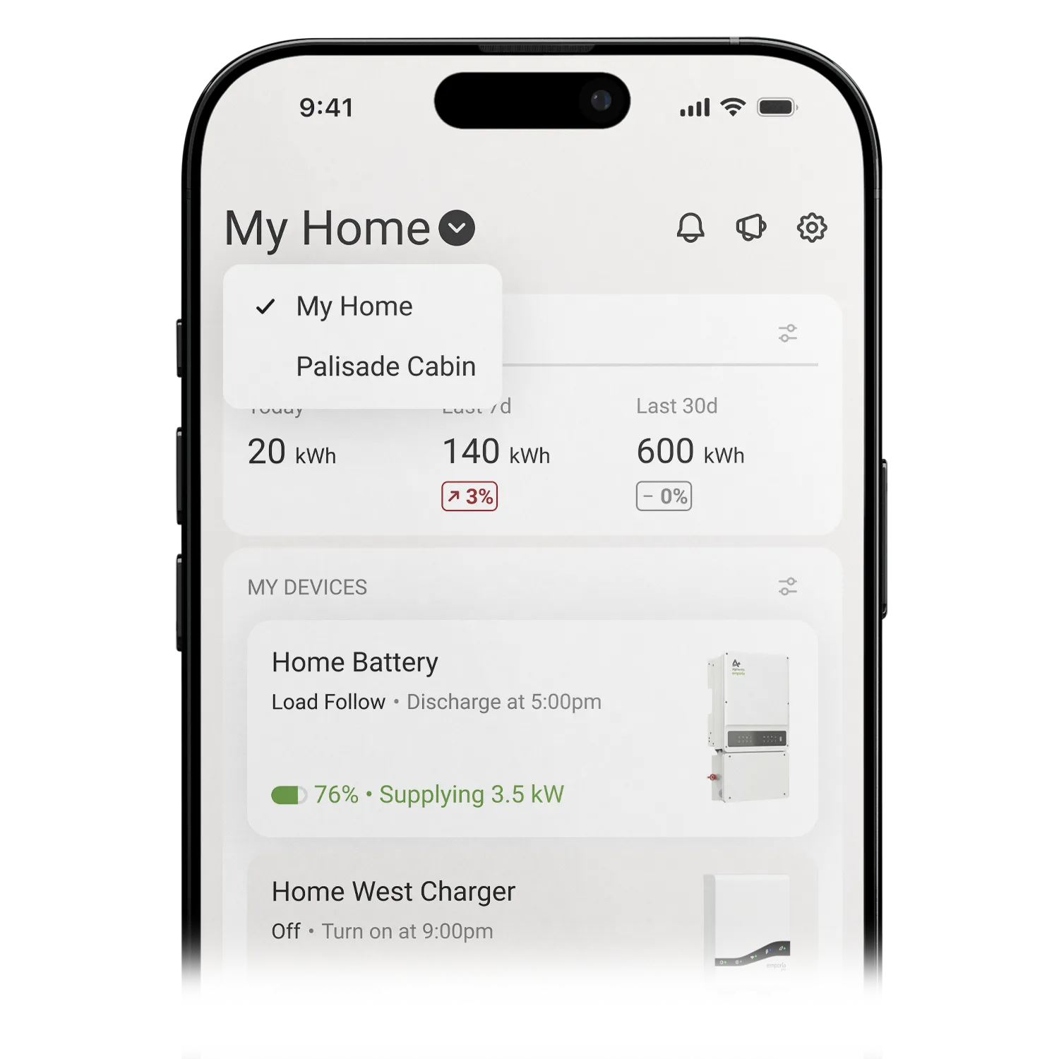 The Home tab in the Emporia app with the Home switcher open, showing My Home selected and a second Home named Palisade Cabin