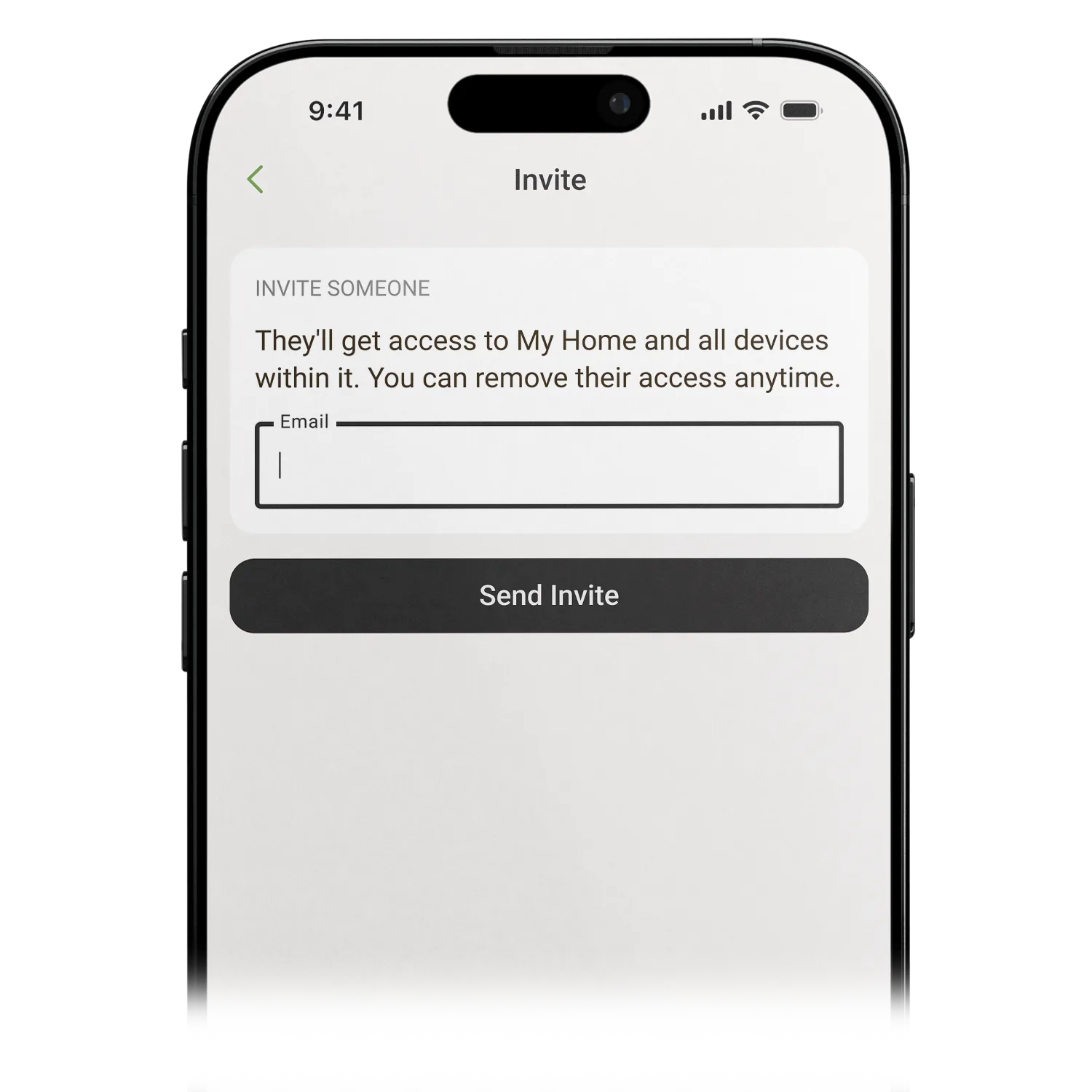 The Home invite screen in the Emporia app, explaining that the person invited by email gets access to the Home and every device in it