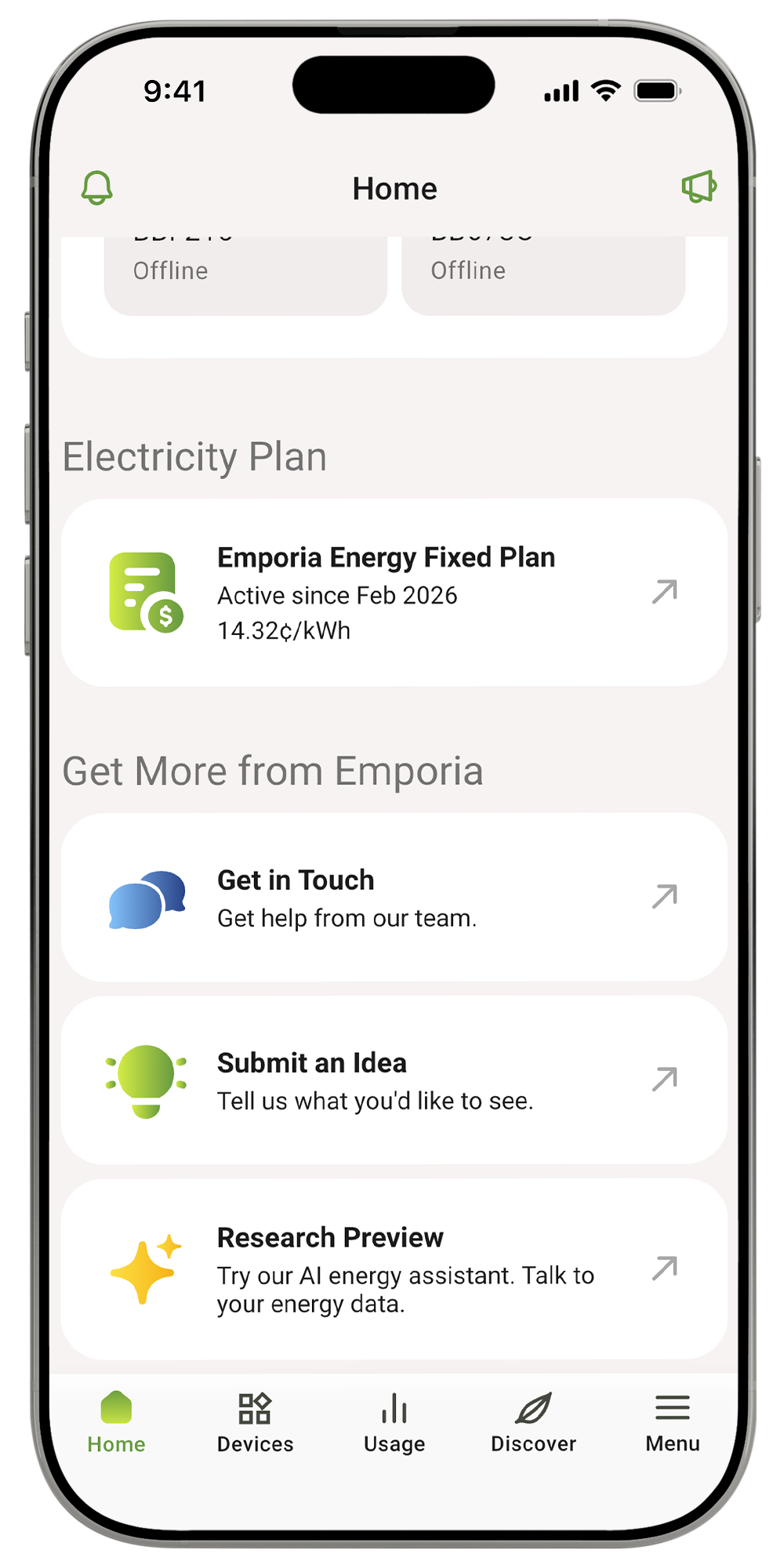 Emporia electricity plan app screen