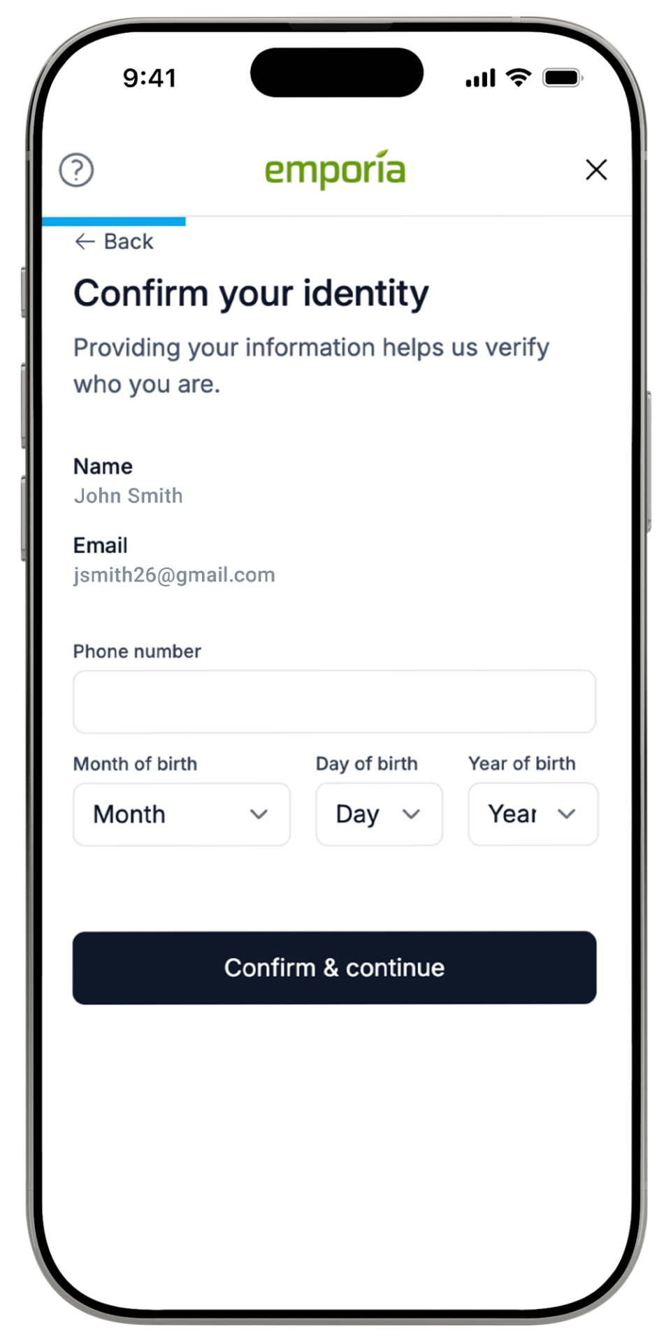 Verify your identity screen