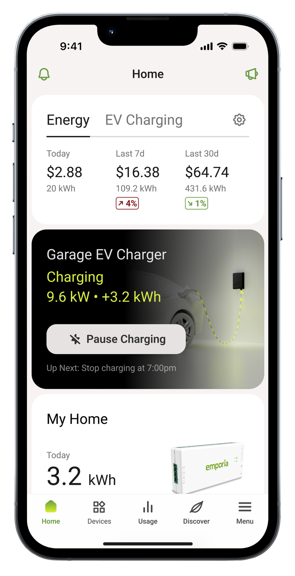 Emporia app screen showing energy cost dashboard