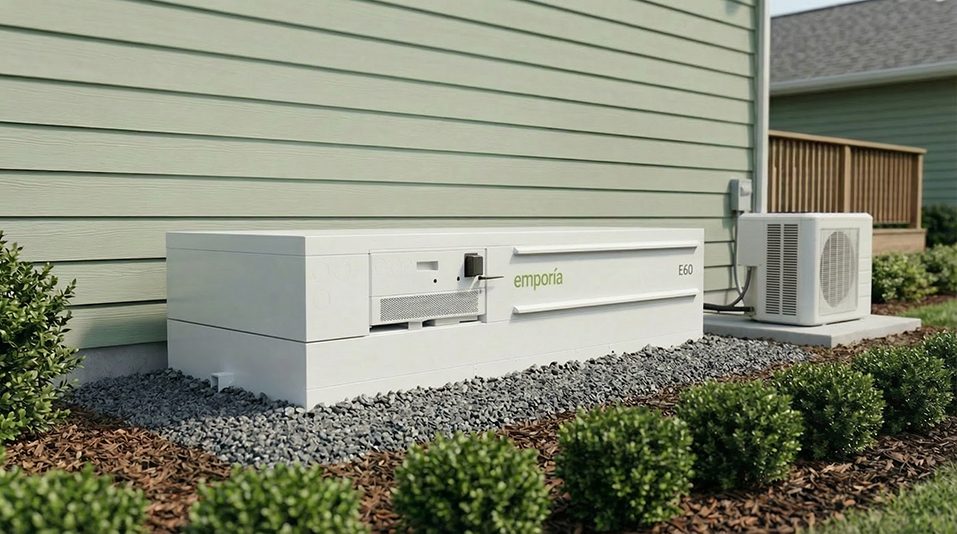 Emporia home battery installed outdoors near a home