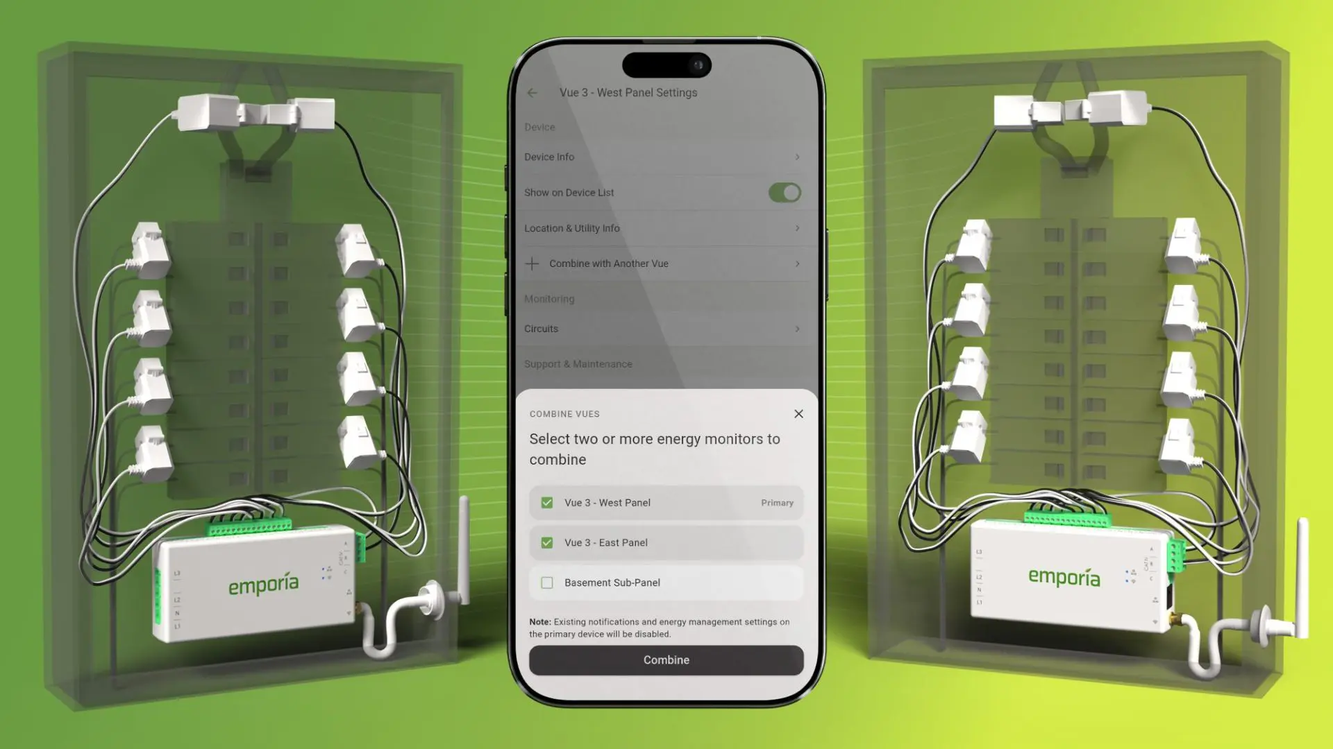 two electrical panels with Vue monitors in them being combined in the Emporia app